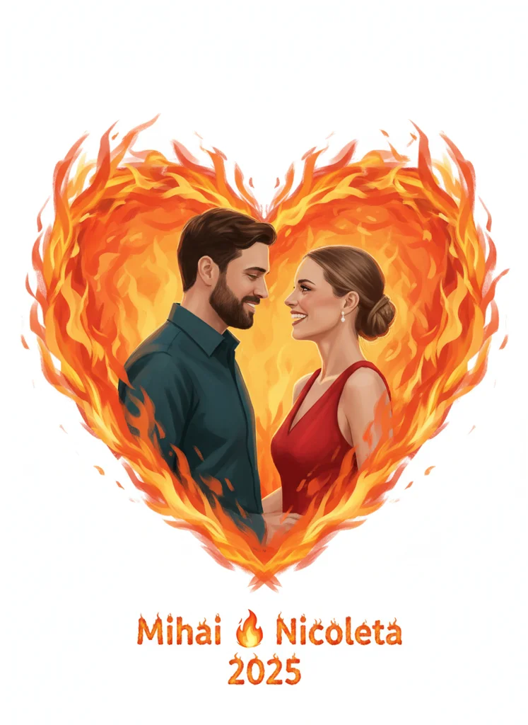 Ilustrație romantică cu cuplu în inimă de flăcări