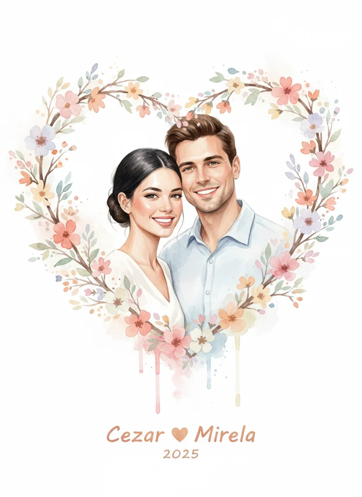 Ilustrație romantică cu cuplu în inimă de flori delicate