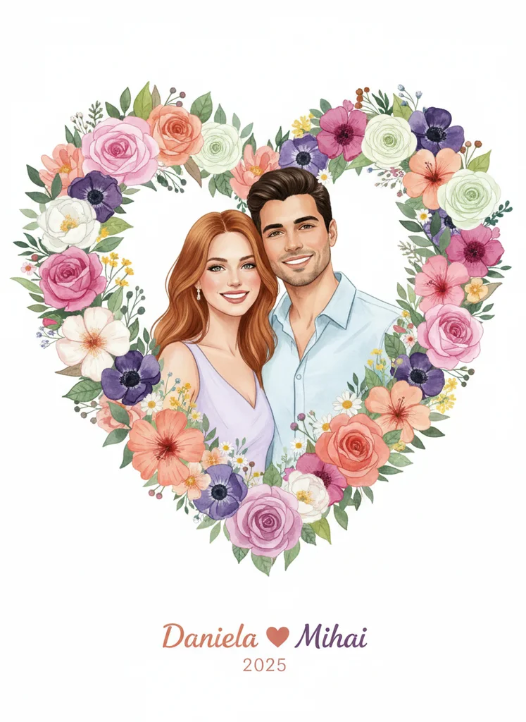 Ilustrație romantică cu cuplu în inimă florală