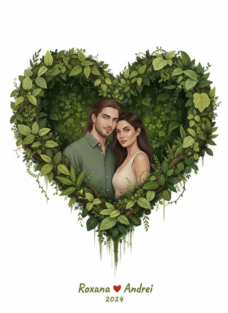 Ilustrație romantică cu cuplu în inimă de natură