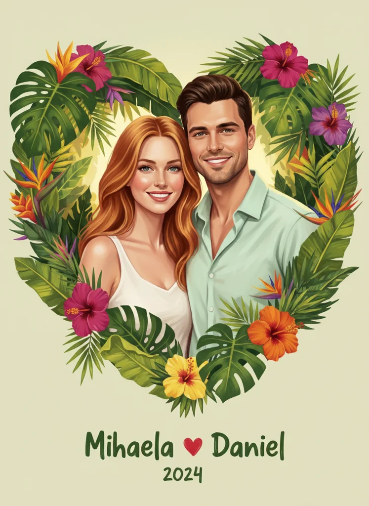 Ilustrație romantică cu cuplu în inimă tropicală