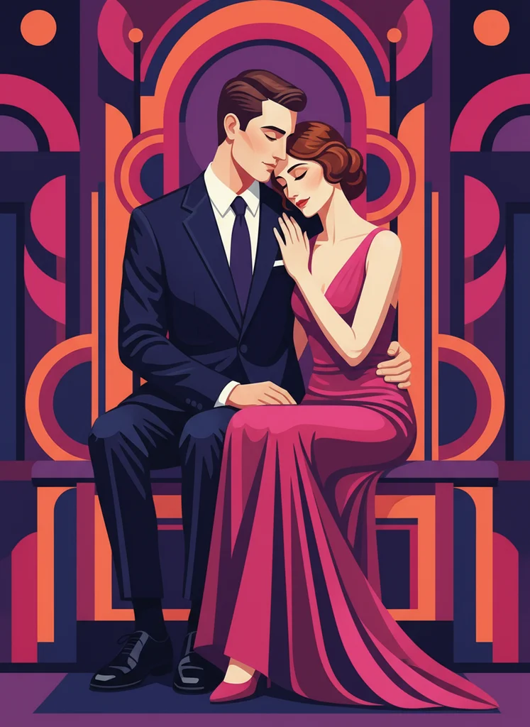 Ilustrație art deco geometrică de cuplu cu fundal abstract modern