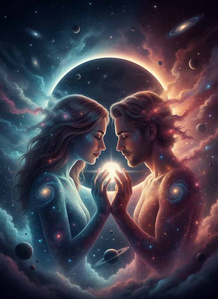 Ilustrație cosmic fantasy de cuplu cu figuri luminoase în mediu celestial