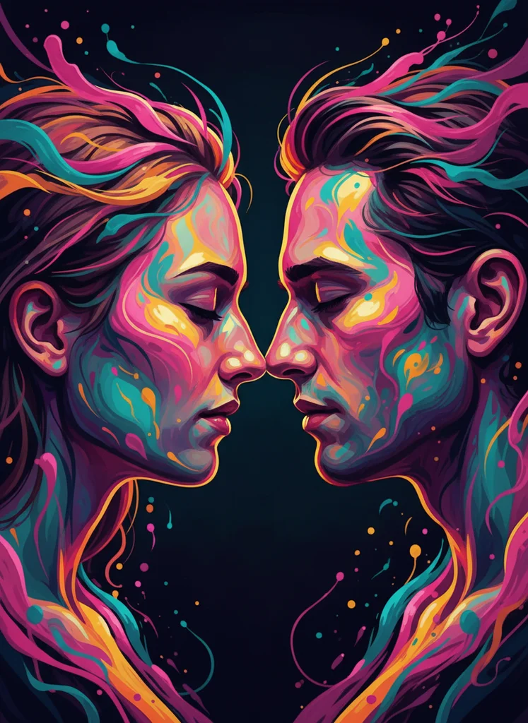 Ilustrație fluid expressionistă de cuplu cu două fețe în proximitate extremă, stil vopsea lichidă