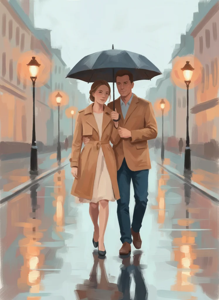 Ilustrație impressionistică de cuplu pe stradă ploioasă romantică