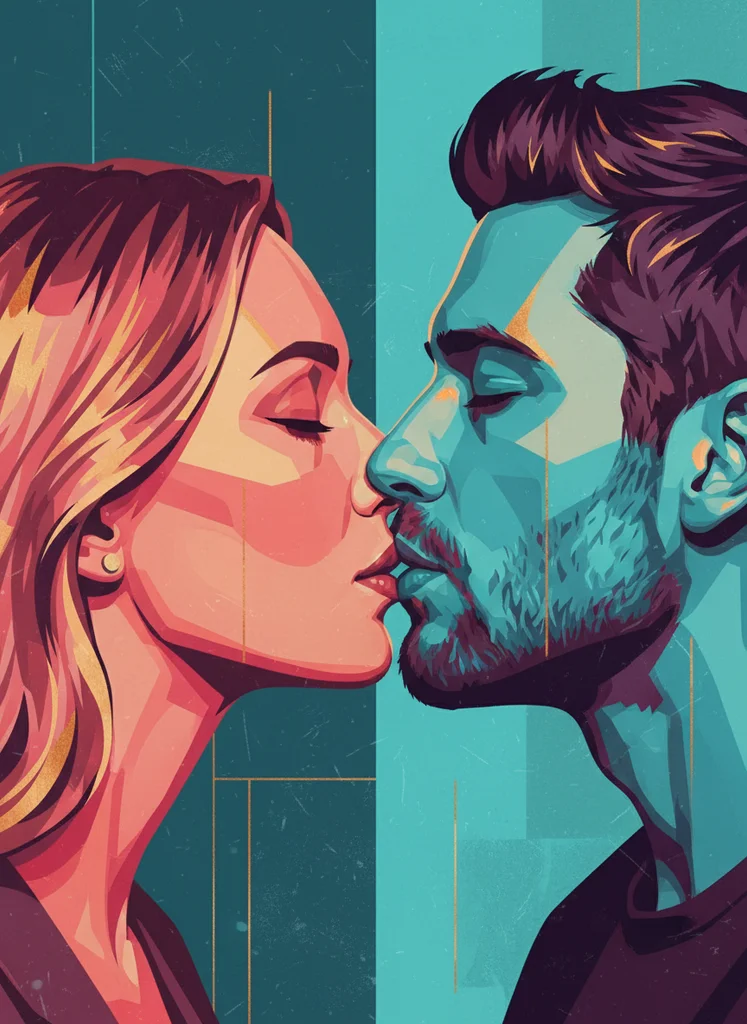 Ilustrație pop-art de cuplu cu două fețe în sărut, stil grafic contemporan