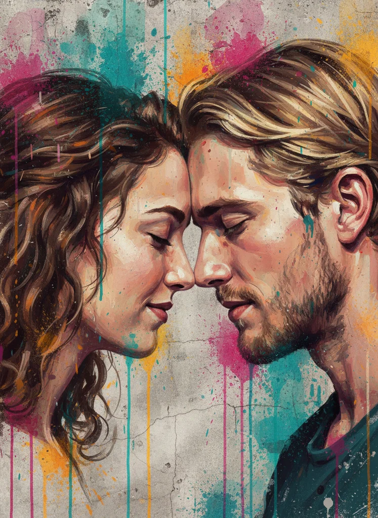 Ilustrație urban mural de cuplu cu stil street art expresiv