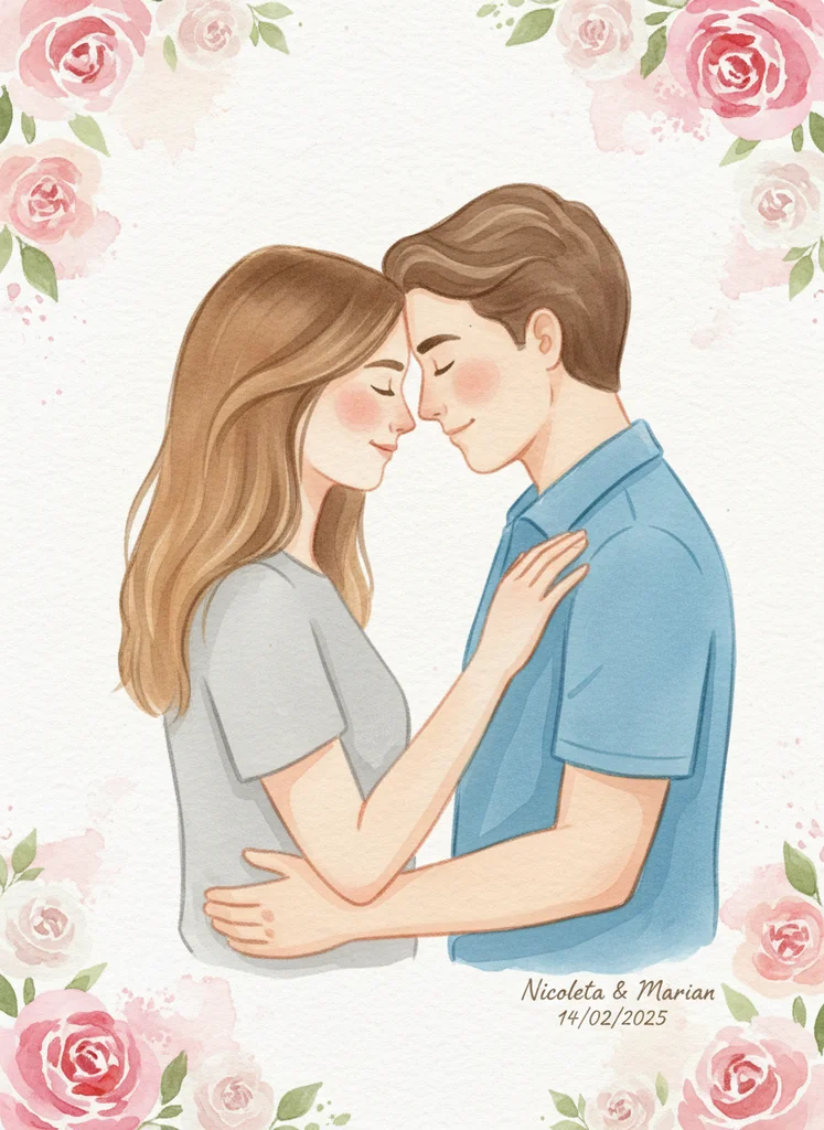 Portret de cuplu în stil acuarelă romantică, ilustrație storybook